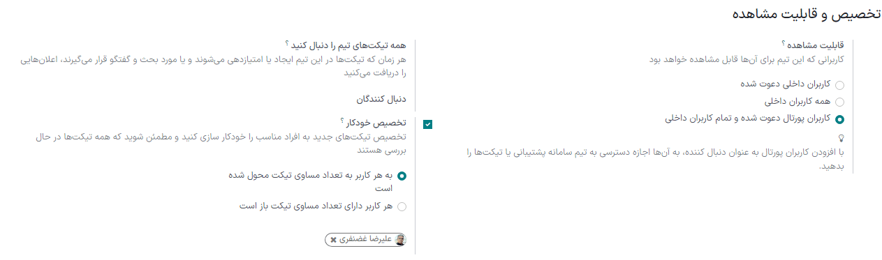 نمایی از تنظیمات تیم سامانه پشتیبانی با تأکید بر ویژگیهای تخصیص و قابلیت مشاهده