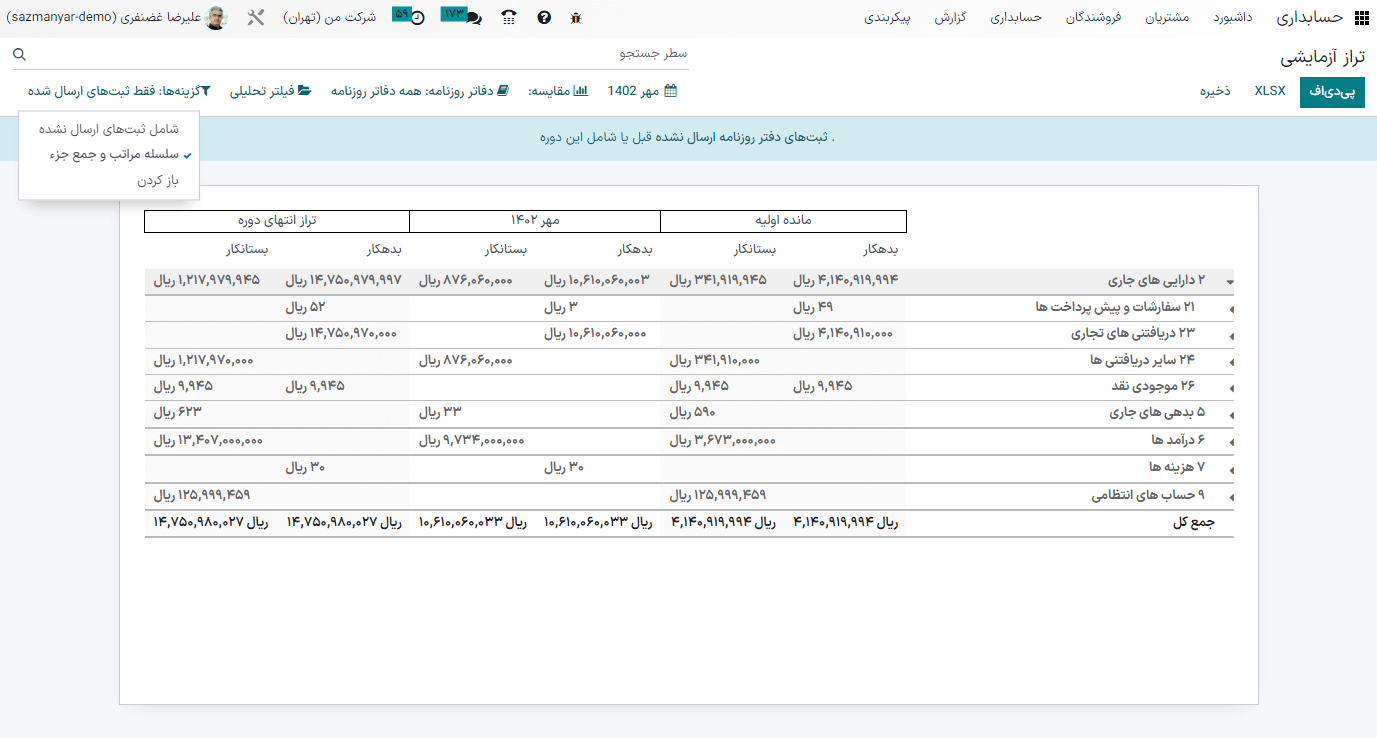 گروههای حساب در تراز آزمایشی برنامه حسابداری اودوو