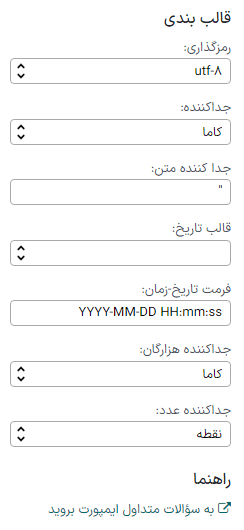 گزینههای فرمتبندی ارائه شده وقتی فایل CVS در سازمانیار ایمپورت میشود.