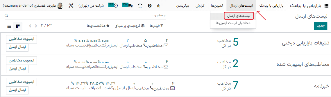 نمایی از صفحه لیستهای ارسال پیامک در برنامه بازاریابی با پیامک سازمانیار.