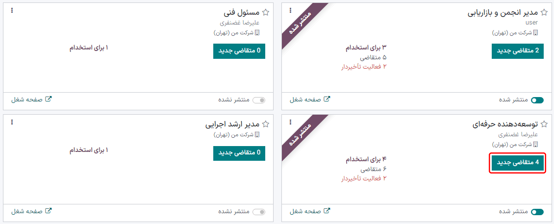 داشبورد اصلی کارت متقاضی، که دکمه متقاضیان جدید را نشان میدهد.