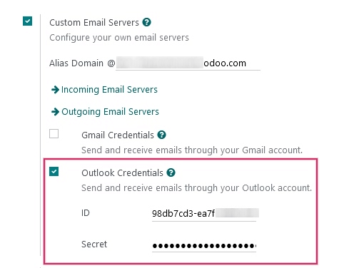 اطلاعات Outlook در تنظیمات عمومی اودوو.