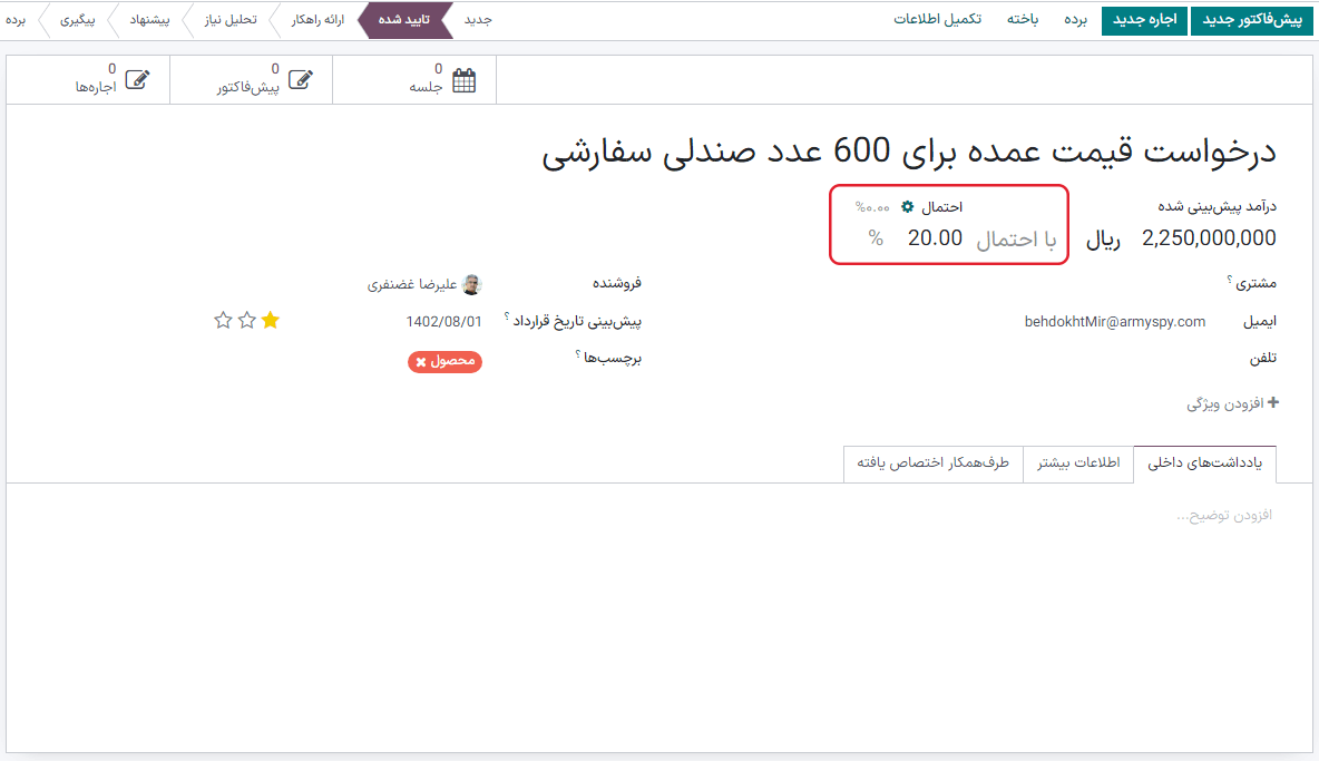 احتمال موفقیت در فرم فرصت نمایش داده میشود.