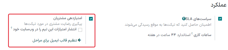 نمایی از صفحه تنظیمات تیم سامانه پشتیبانی با تأکید بر امتیازدهی برای ابزار تیکت در سامانه پشتیبانی سازمانیار