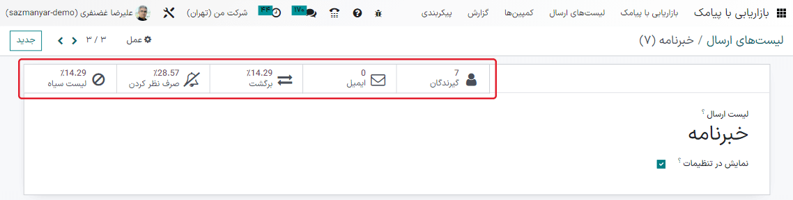 نمایی از فرم قالب لیست ارسال در بازاریابی پیامکی سازمانیار.
