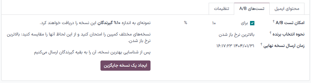 نمایش تب تستهای A/B در برنامه بازاریابی با ایمیل سازمانیار.