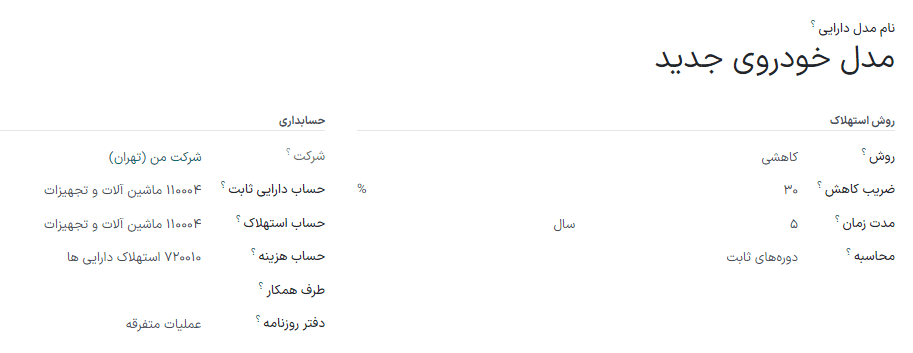 دکمه مدل داراییها در برنامه حسابداری سازمانیار