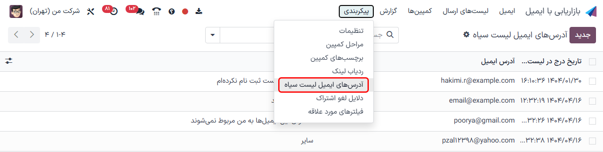 نمایی از آدرسهای ایمیل وارد شده به لیست سیاه در بازاریابی با ایمیل سازمانیار.