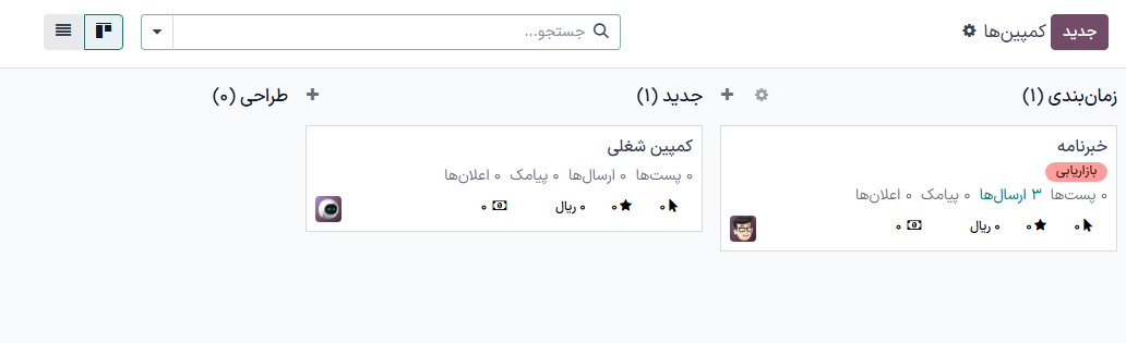 نمای داشبورد از کمپینهای مختلف برنامه بازاریابی با پیامک سازمانیار، بر مبنای مراحل.