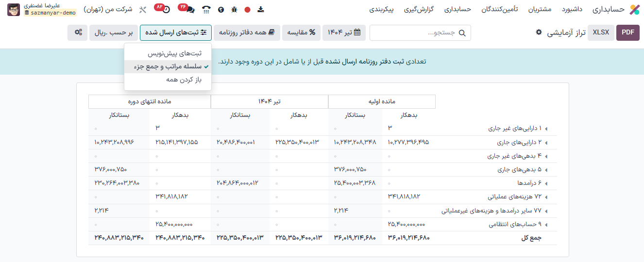 گروههای حساب در تراز آزمایشی برنامه حسابداری سازمانیار