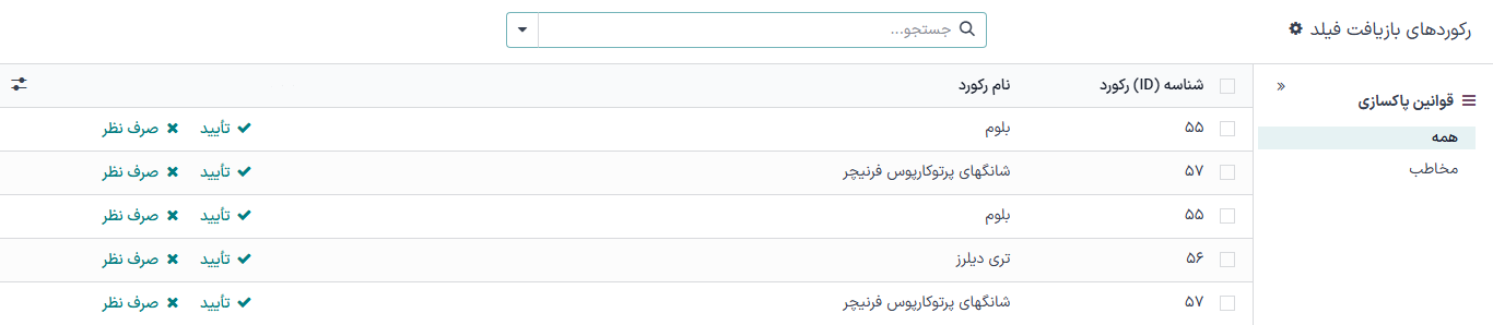 داشبورد بازیافت رکورد در برنامه پاکسازی داده.