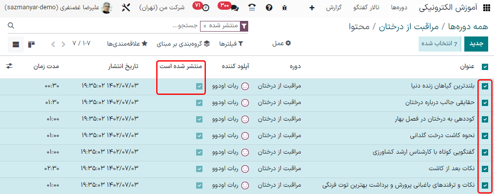 نمایی از محتواهای دوره در حال انتشار در بکاند سامانه پشتیبانی سازمانیار.
