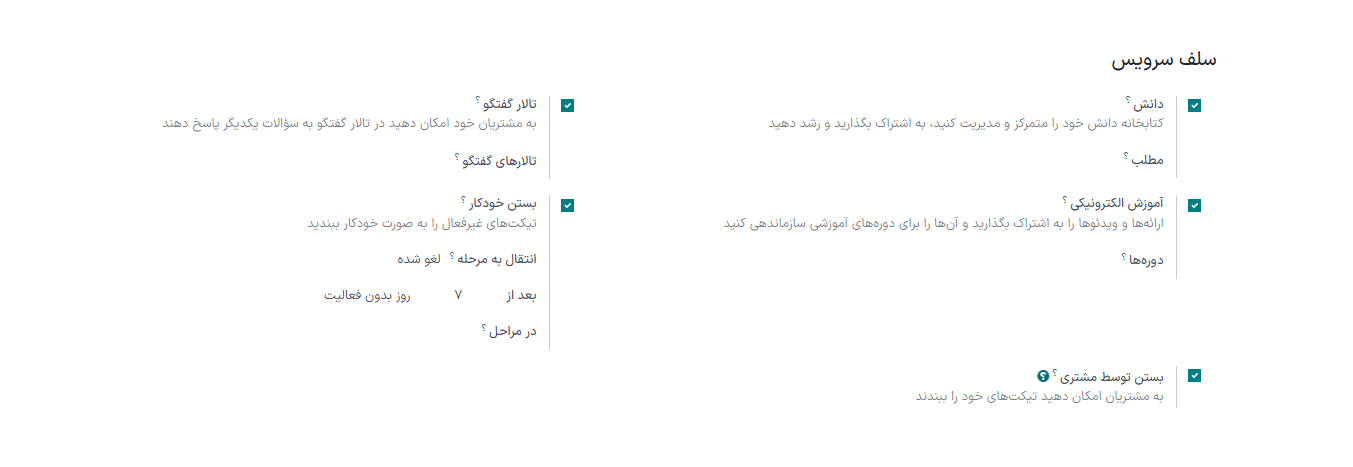 نمای کلی صفحه تنظیمات یک تیم با تأکید بر ویژگیهای مرکز پشتیبانی.