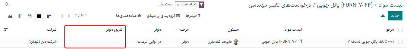 لیست تاریخهای مؤثر لیست مواد.