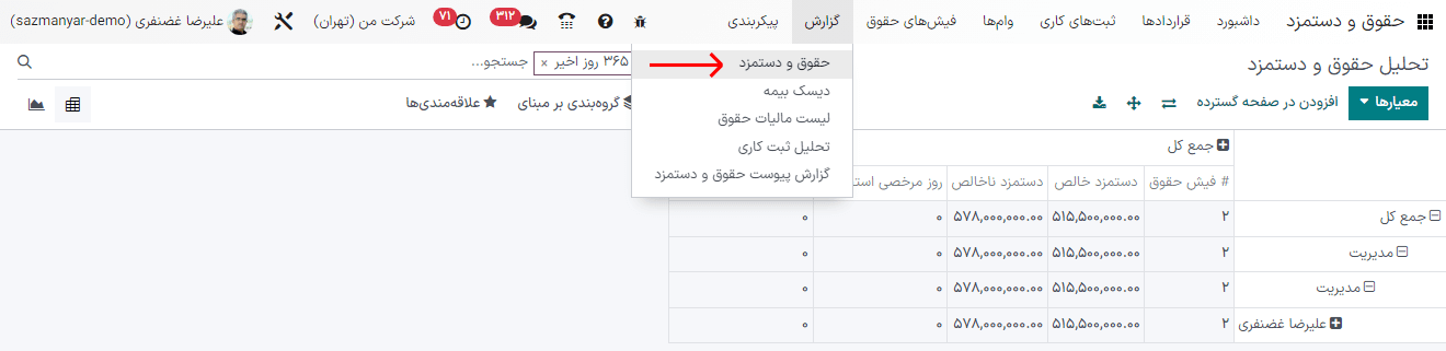 گزارش کلی حقوق و دستمزد که حقوق و دستمزد ۳۶۵ روز گذشته را نشان میدهد.