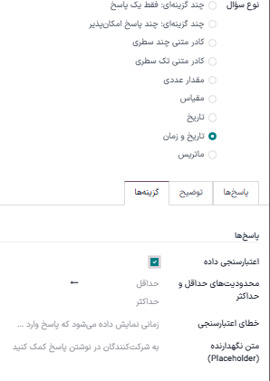 بخش پاسخها در تب گزینهها هنگامی که نوع سؤال جعبه متن تک خطی انتخاب شده است.