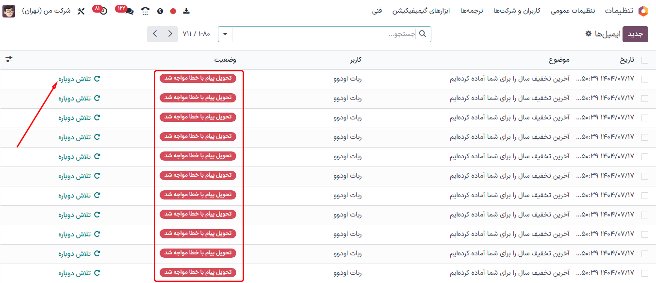 نمونهای از نمای صف ایمیل فنی.