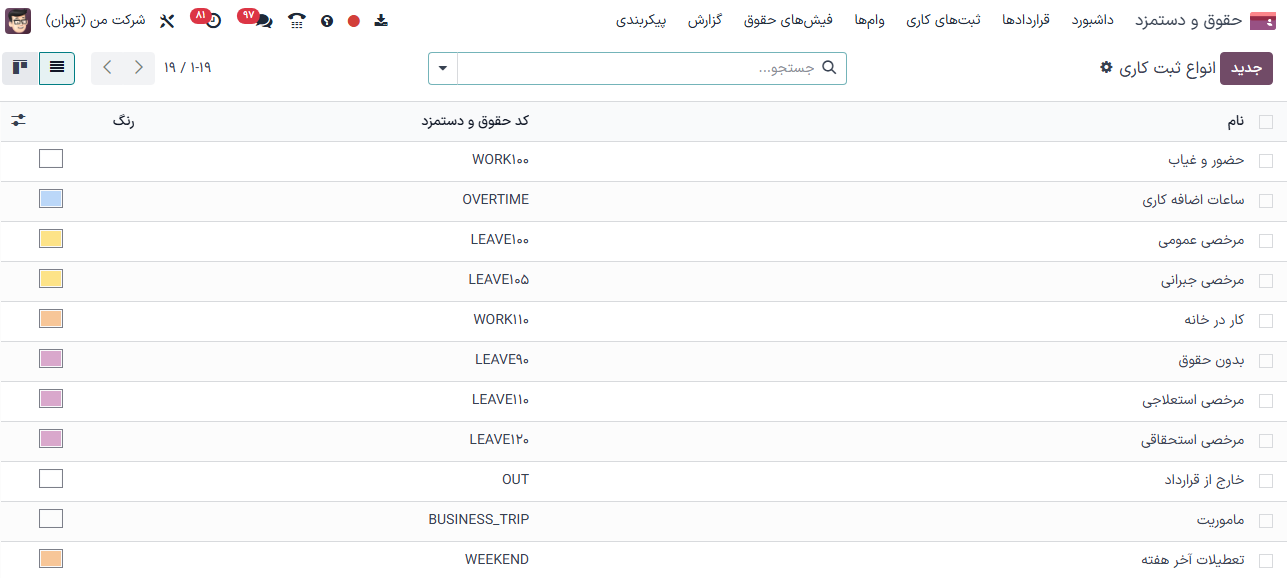 لیست تمام انواع ثبتهای کاری که در حال حاضر جهت استفاده موجود هستند؛ به همراه رنگ و کد در حقوق و دستمزد.